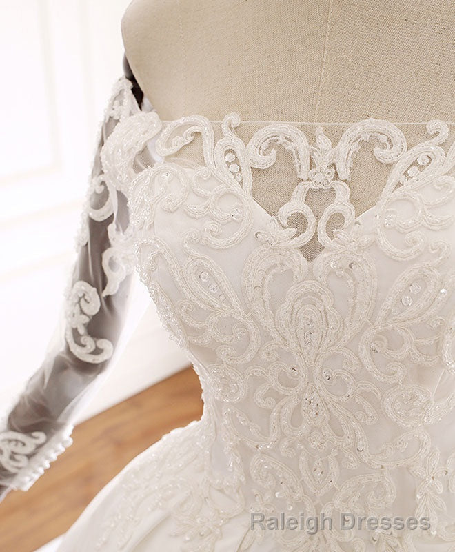 White Lace Satin Long Wedding Dress, Lace Satin Long Bridal Gowns