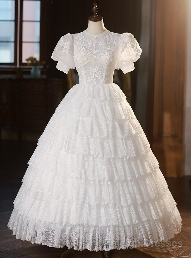 White Lace Short Sleeve Tiers Wedding Dress Main image