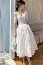 White Lace Short Sleeves Tea Length Wedding Prom Dresses White Graduation Dress