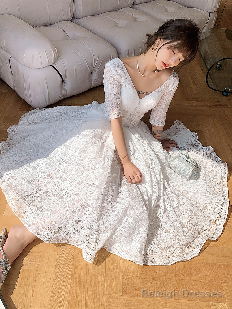 White Lace Short Sleeves Tea Length Wedding Prom Dresses White Graduation Dress