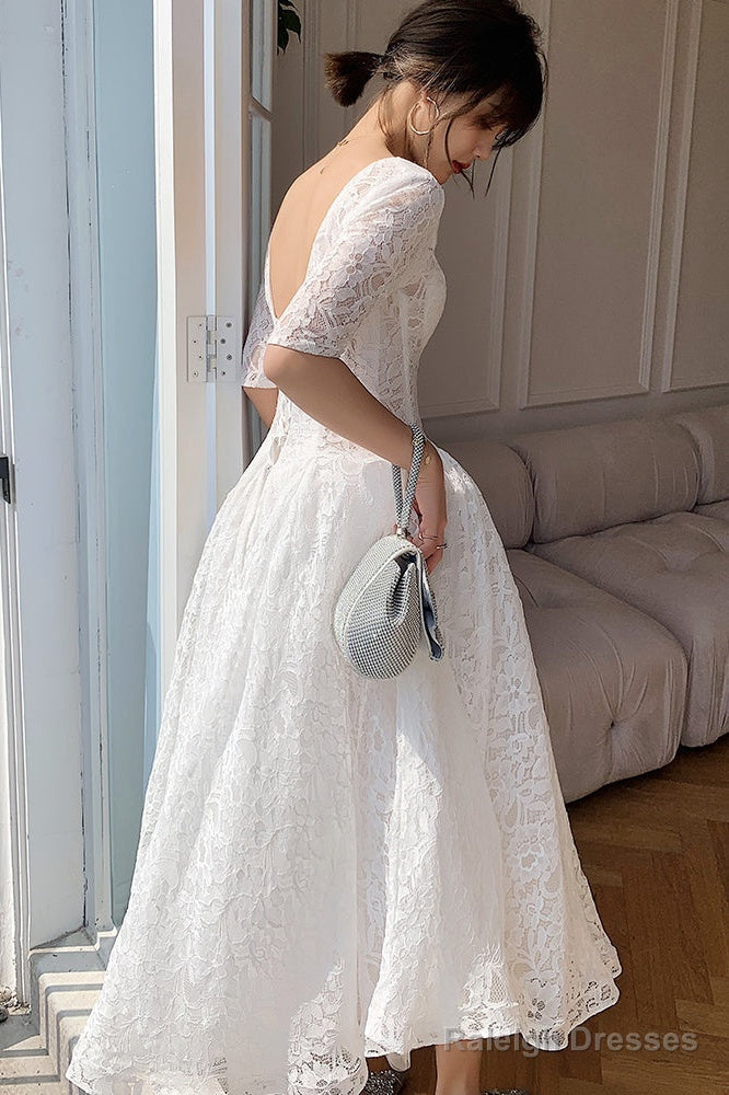White Lace Short Sleeves Tea Length Wedding Prom Dresses White Graduation Dress