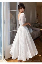 White Lace Short Sleeves Tea Length Wedding Party Dress, White Graduation Dresses