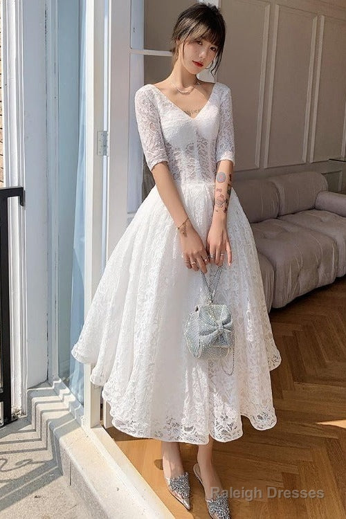 White Lace Short Sleeves Tea Length Wedding Party Dress, White Graduation Dresses Main image