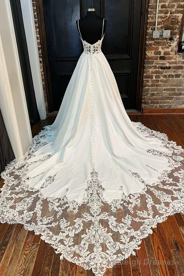 White Lace Sweetheart Backless A-Line Wedding Dresses Long