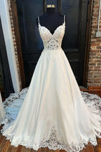 White Lace Sweetheart Backless A-Line Wedding Dresses Long