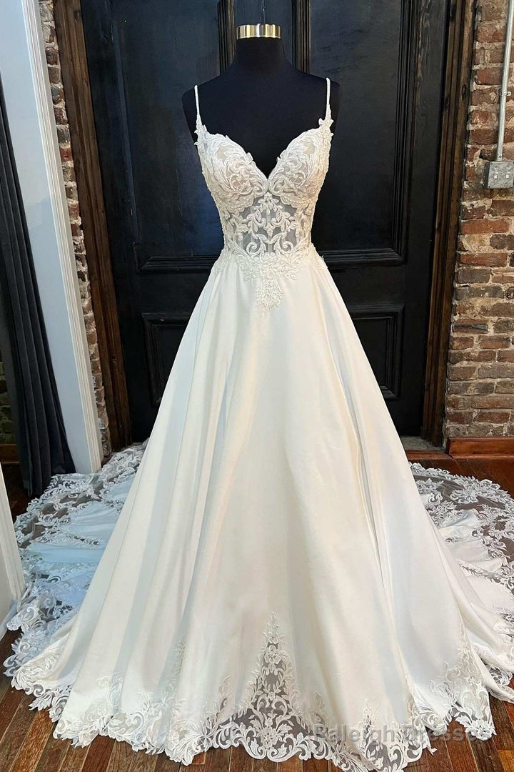 White Lace Sweetheart Backless A-Line Wedding Dresses Long
