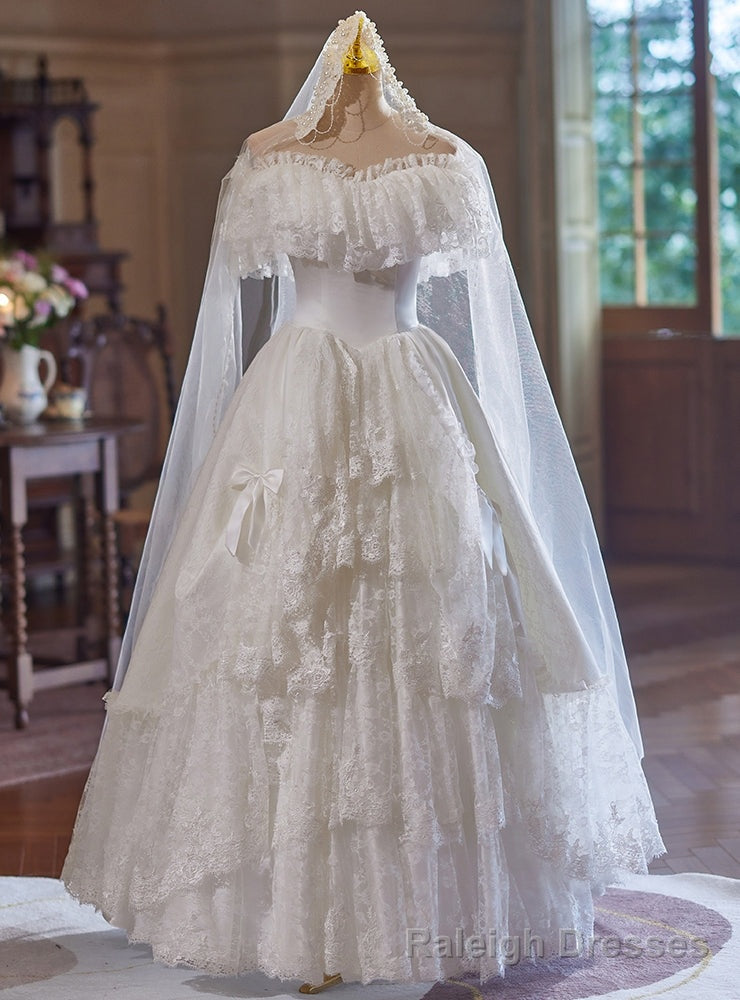 White Lace Tiers Off the Shoulder Wedding Dress Main image
