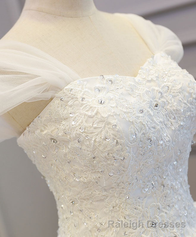 White Lace Tulle High Low Long Wedding Dress, Bridal Dress