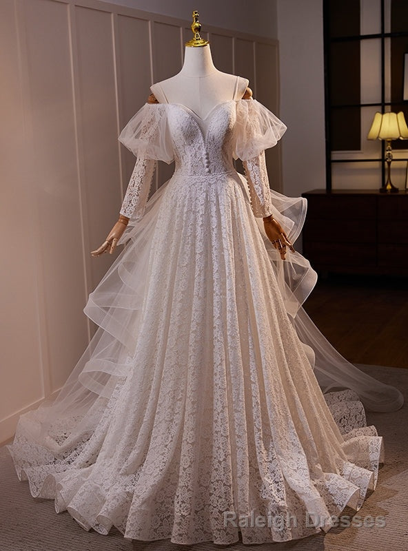 White Lace Tulle Long Sleeve Straps Wedding Dress Main image