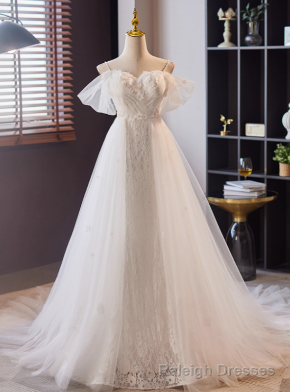 White Lace Tulle Pleats Flower Wedding Dress Main image