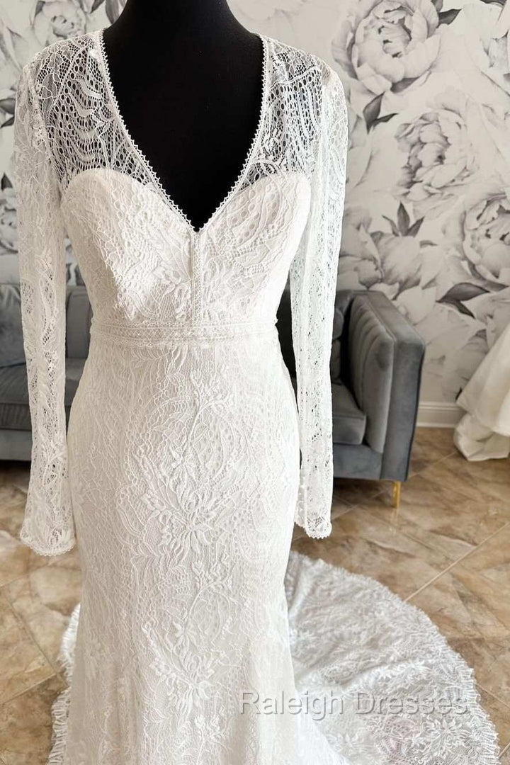 White Lace V-Neck Lace-Up Back Long Sleeve Mermaid Wedding Dress Sexy