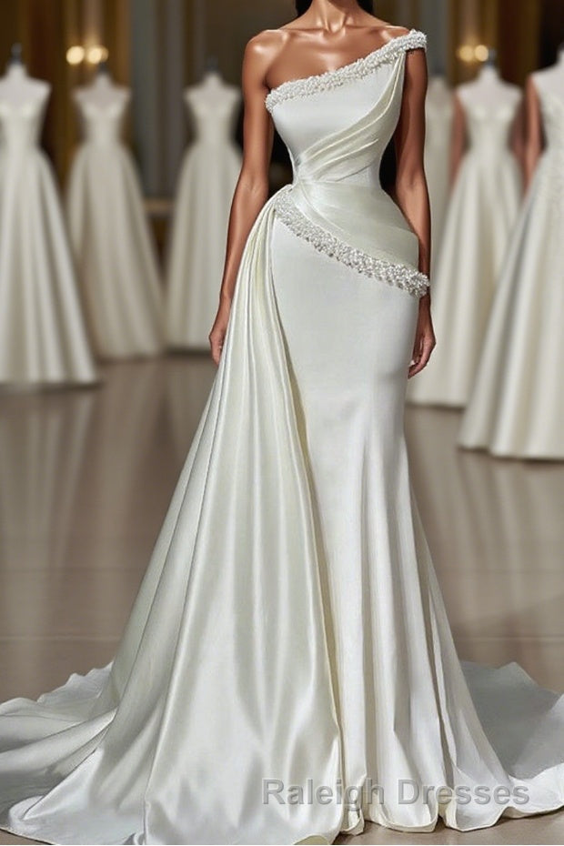 White Long Mermaid One Shoulder Satin Beads Prom Dress