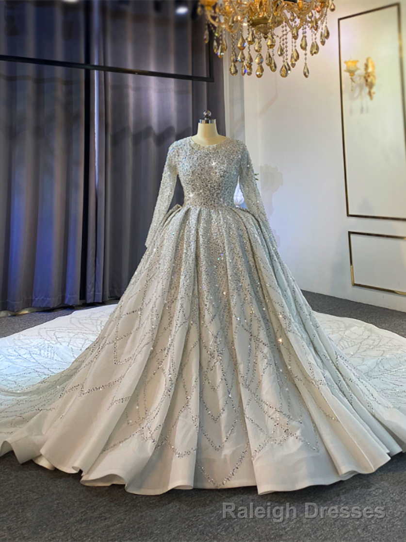 White Long Sleeve Beading Sequins Long Train Wedding Dress Main image