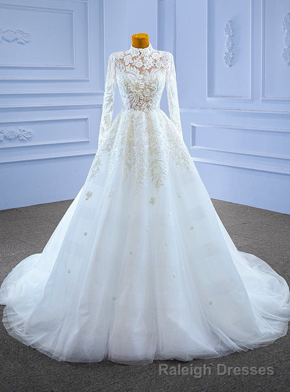 White Long Sleeve High Neck Beading Wedding Dress Main image
