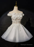 White Lovely Short Tulle With Lace Off Shoulder Party Dress, White Graduation Dress Prom Dress