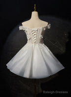 White Lovely Short Tulle With Lace Off Shoulder Party Dress, White Graduation Dress Prom Dress