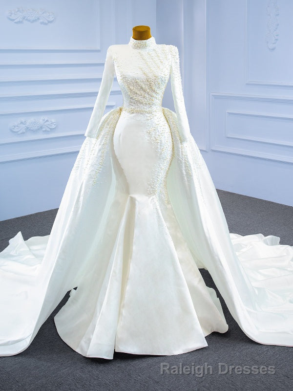 White Meraid Satin Long Sleeve Wedding Dress With Detachable Train Main image