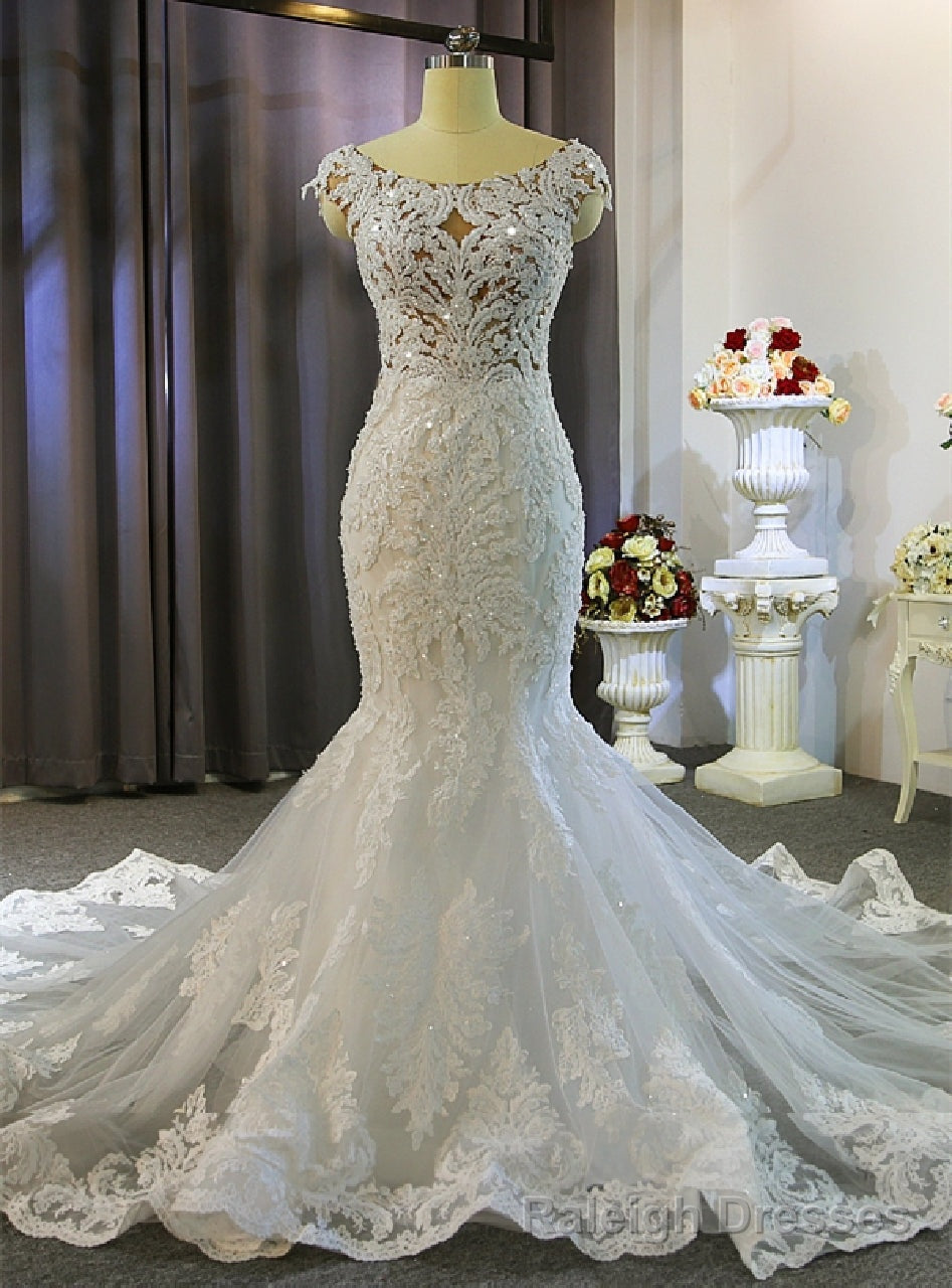 White Mermaid Appliques Beading Wedding Dress Main image