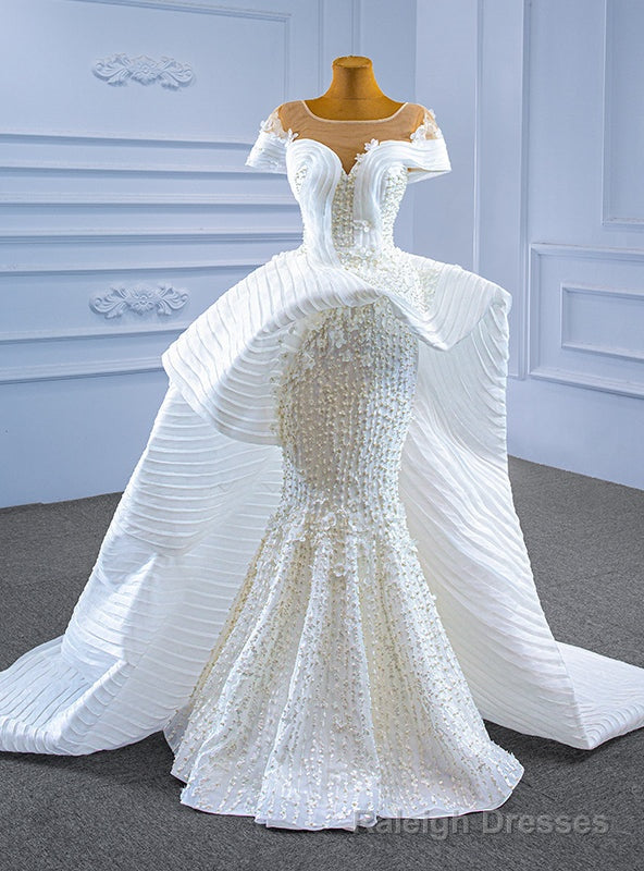 White Mermaid Appliques Pearls Cap Sleeve Wedding Dress Main image