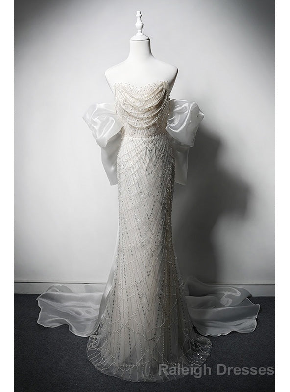 White Mermaid Beading Pearls Weeding Dress