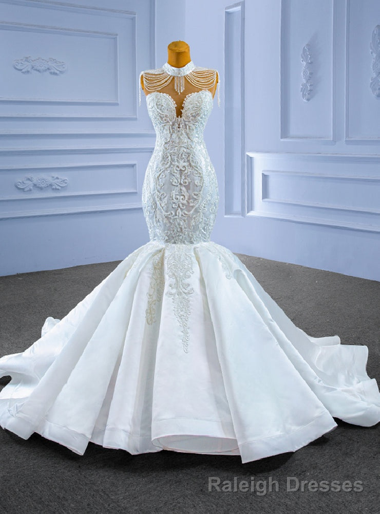 White Mermaid High Neck Appliques Beading Wedding Dress Main image