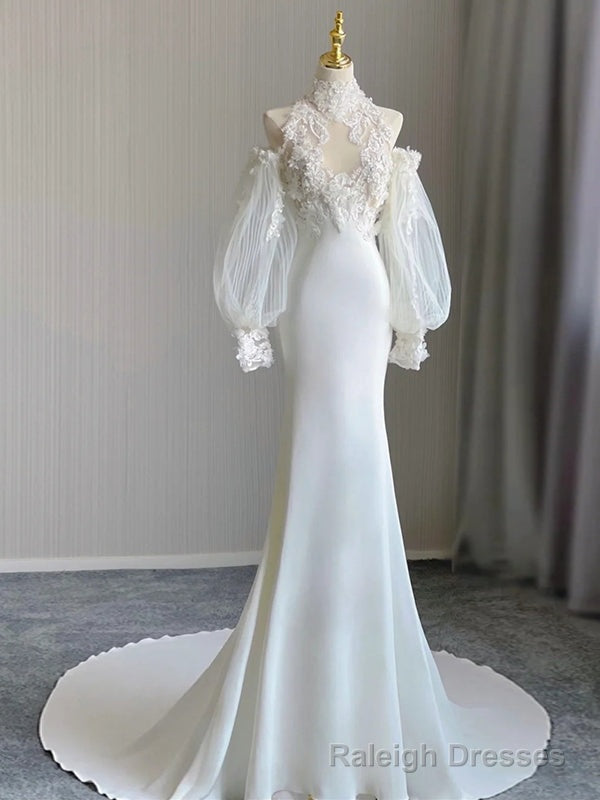 White Mermaid High Neck Appliques Wedding Dress Main image