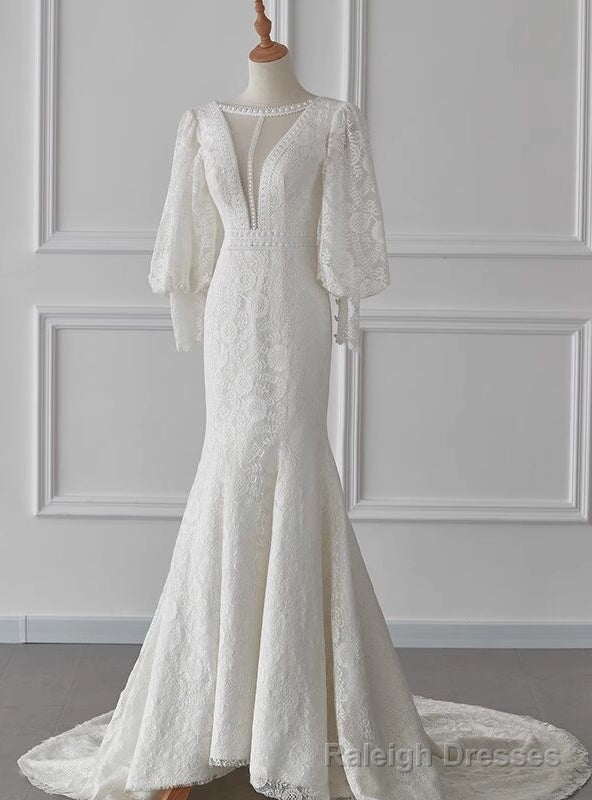 White Mermaid Lace Long Sleeve Wedding Dress Main image