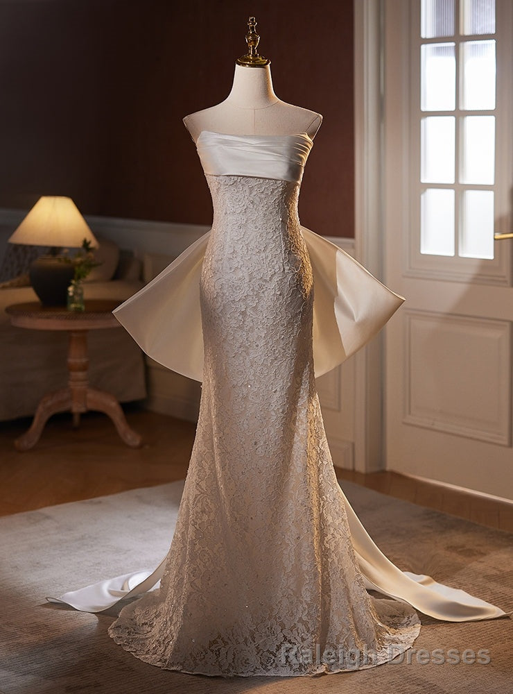White Mermaid Lace Satin Strapless Wedding Dress Main image