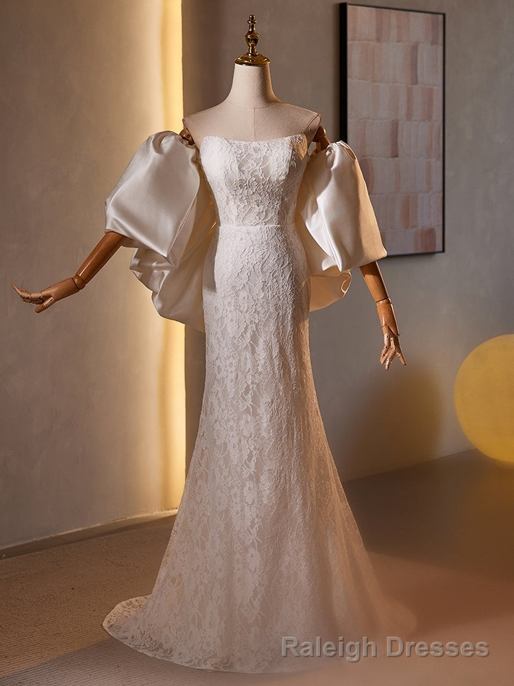White Mermaid Lace Satin Wedding Dress Main image