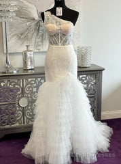 White Mermaid Lace Tulle One Shoulder Prom Dress