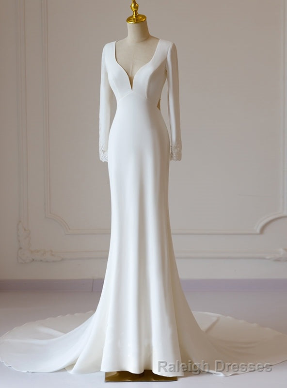 White Mermaid Long Sleeve Backless Wedding Dress Main image