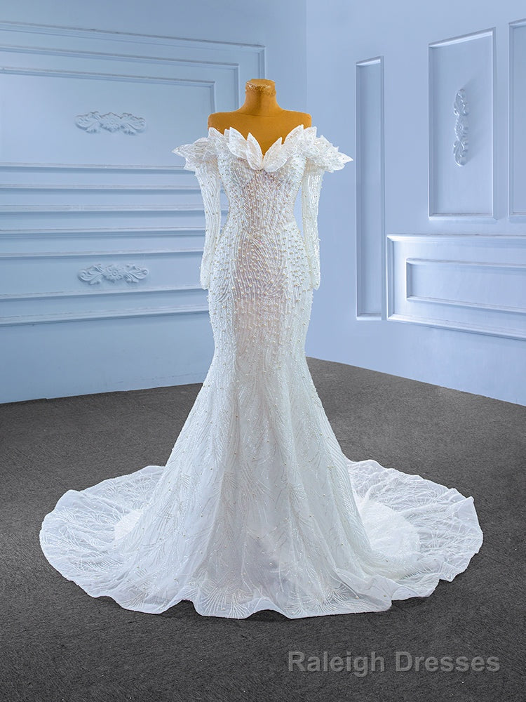 White Mermaid Long Sleeve Sequins Pearls Wedding Dress Main image