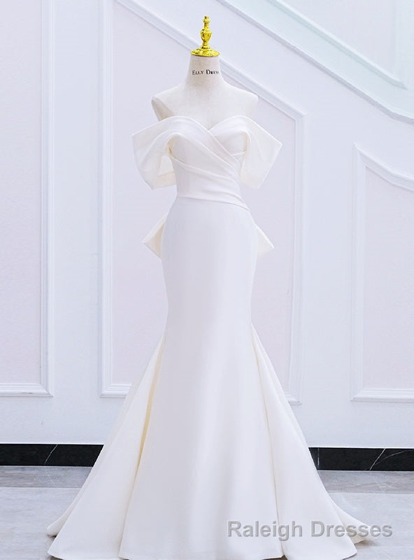 White Mermaid Off the Shoulder Pleats Bow Wedding Dress Main image