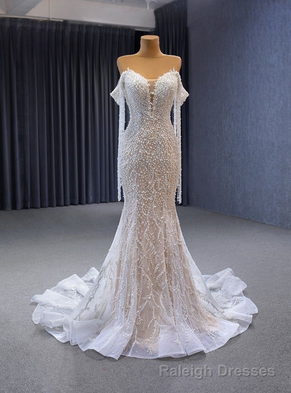White Mermaid Pearls Sweetheart Wedding Dress Main image