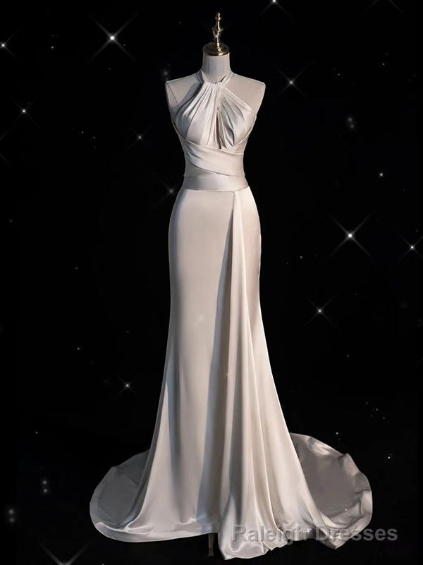 White Mermaid Satin Halter Backless Wedding Dress Main image