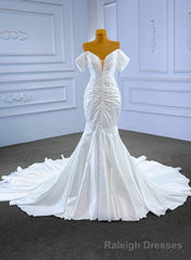 White Mermaid Satin Off the Shoulder Pleats Pearls Wedding Dress
