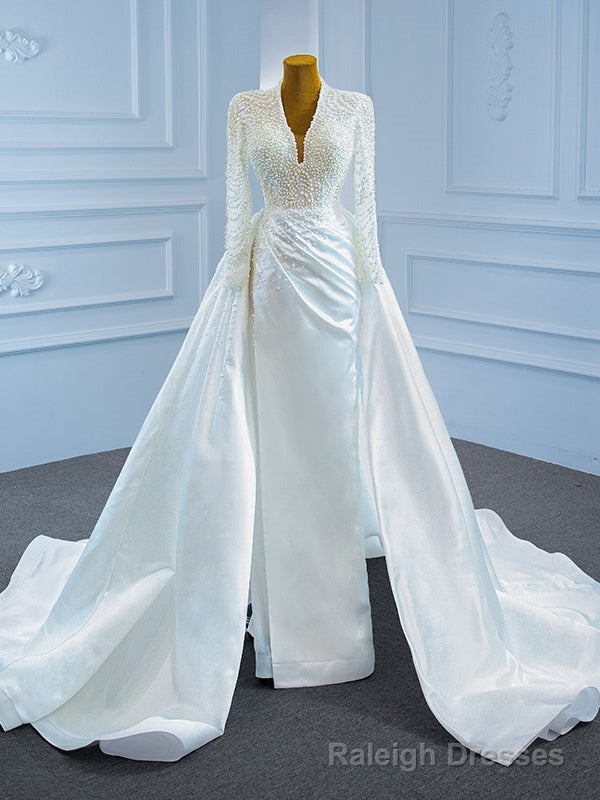 White Mermaid Satin Pearls Long Sleeve Wedding Dress Main image