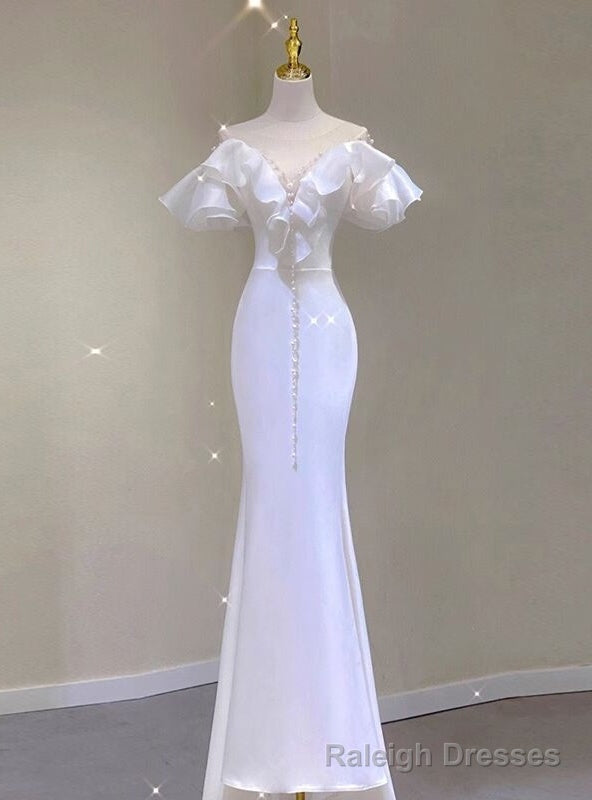 White Mermaid Satin Pearls Wedding Dress Main image