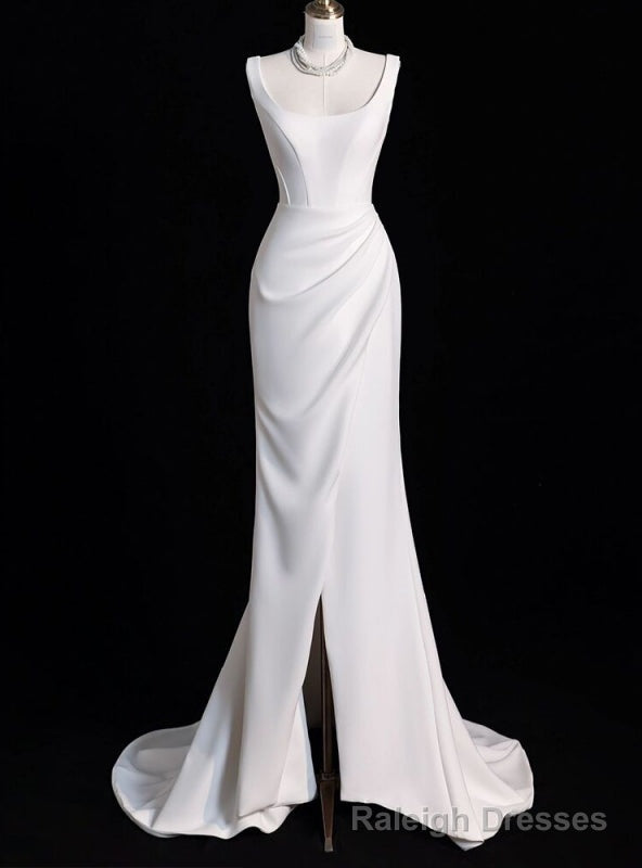 White Mermaid Satin Pleats Split Wedding Dress Main image