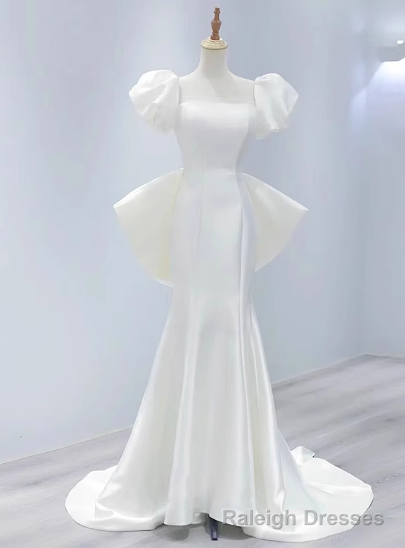 White Mermaid Satin Puff Sleeve Wedding Dress With Bow