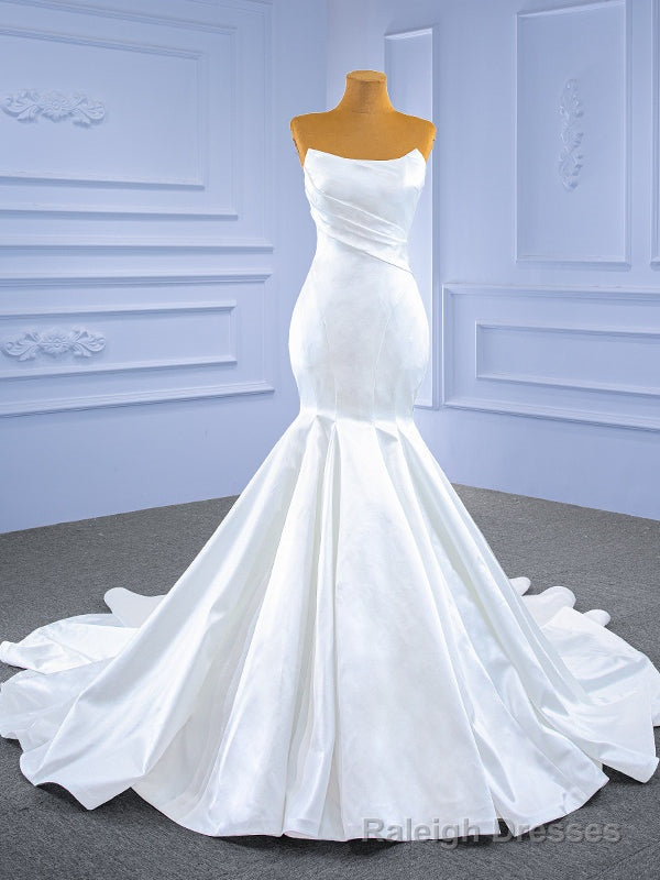 White Mermaid Satin Strapless Wedding Dress Main image