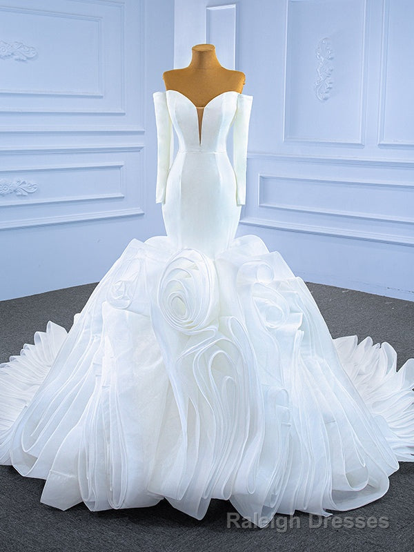 White Mermaid Satin Tulle Long Sleeve Wedding Dress