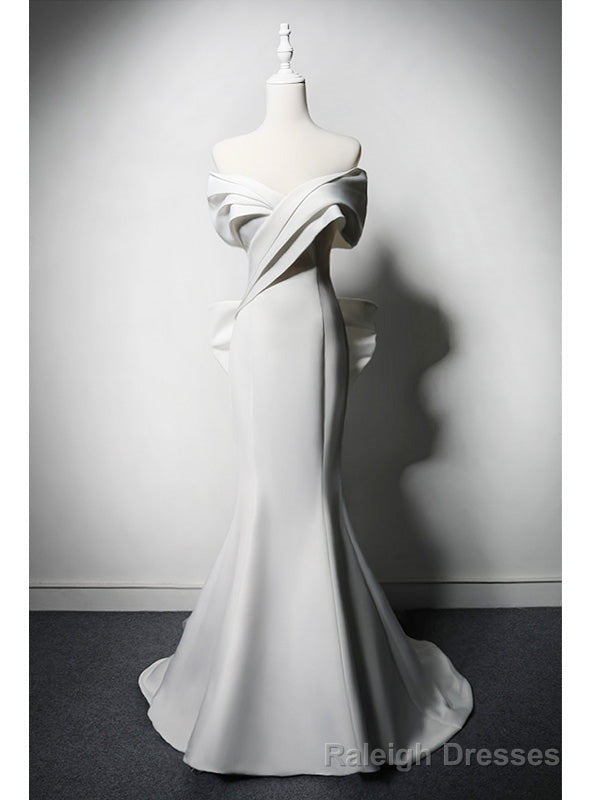 White Mermaid Satin Tulle Off the Shoulder Bow Wedding Dress Main image