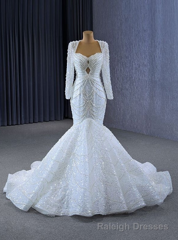 White Mermaid Sequins Backless Pearls Wedding Dress Main image