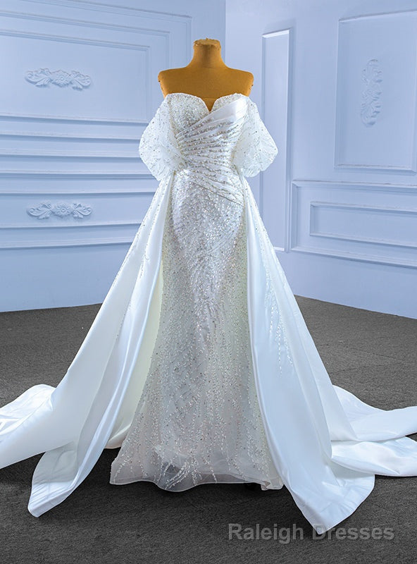 White Mermaid Sequins Beading Pearls Wedding Dress With Detachable Train Main image