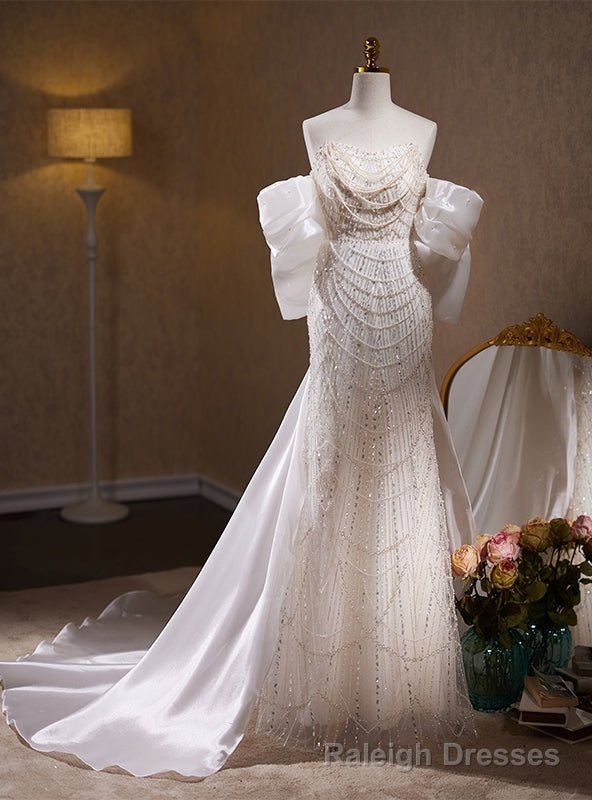 White Mermaid Sequins Beading Strapless Wedding Dress Main image