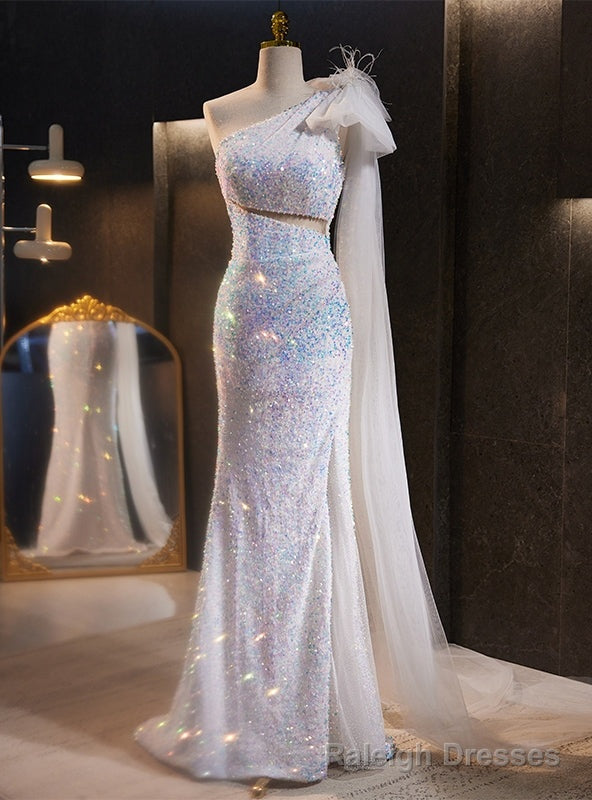 White Mermaid Sequins One Shoulder Prom Dress Main image