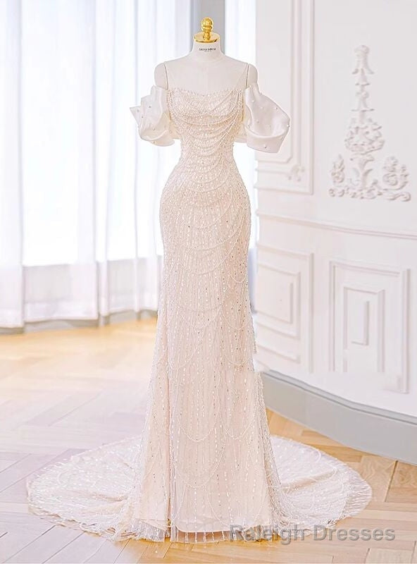 White Mermaid Sequins Pearls Wedding Dress With Train Main image
