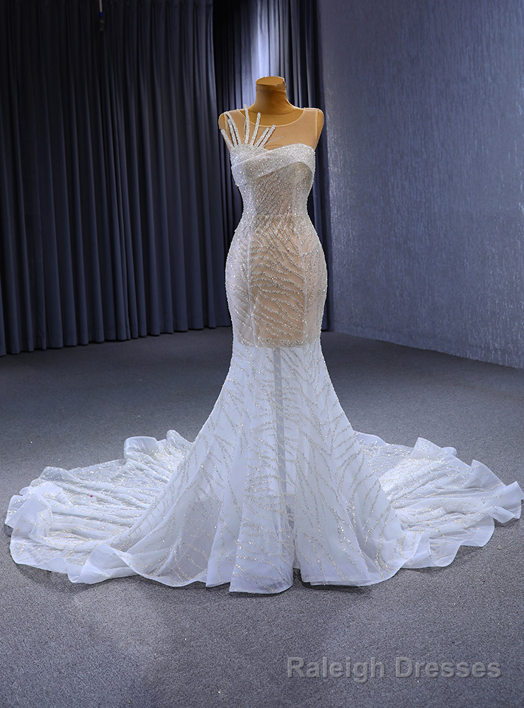 White Mermaid Sequins Wedding Dress With Train