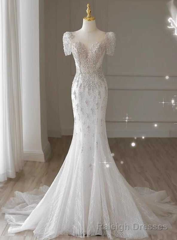 White Mermaid Short Sleeve Beading Wedding Dress Main image